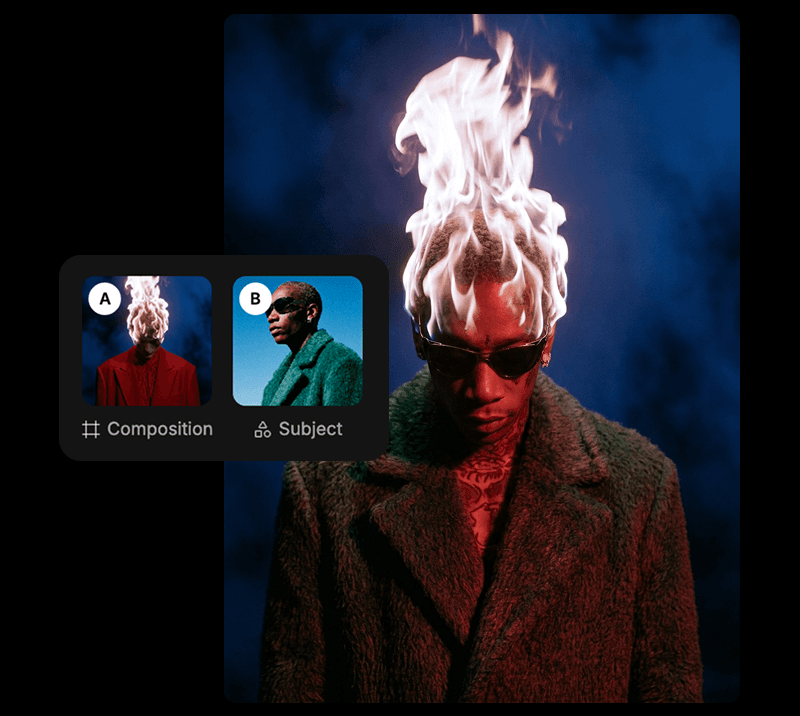 Two saved references mixed into a single generated image: reference A supplying the flame-lit composition, reference B supplying the subject in a teal fur coat, resolving into a new frame that carries both