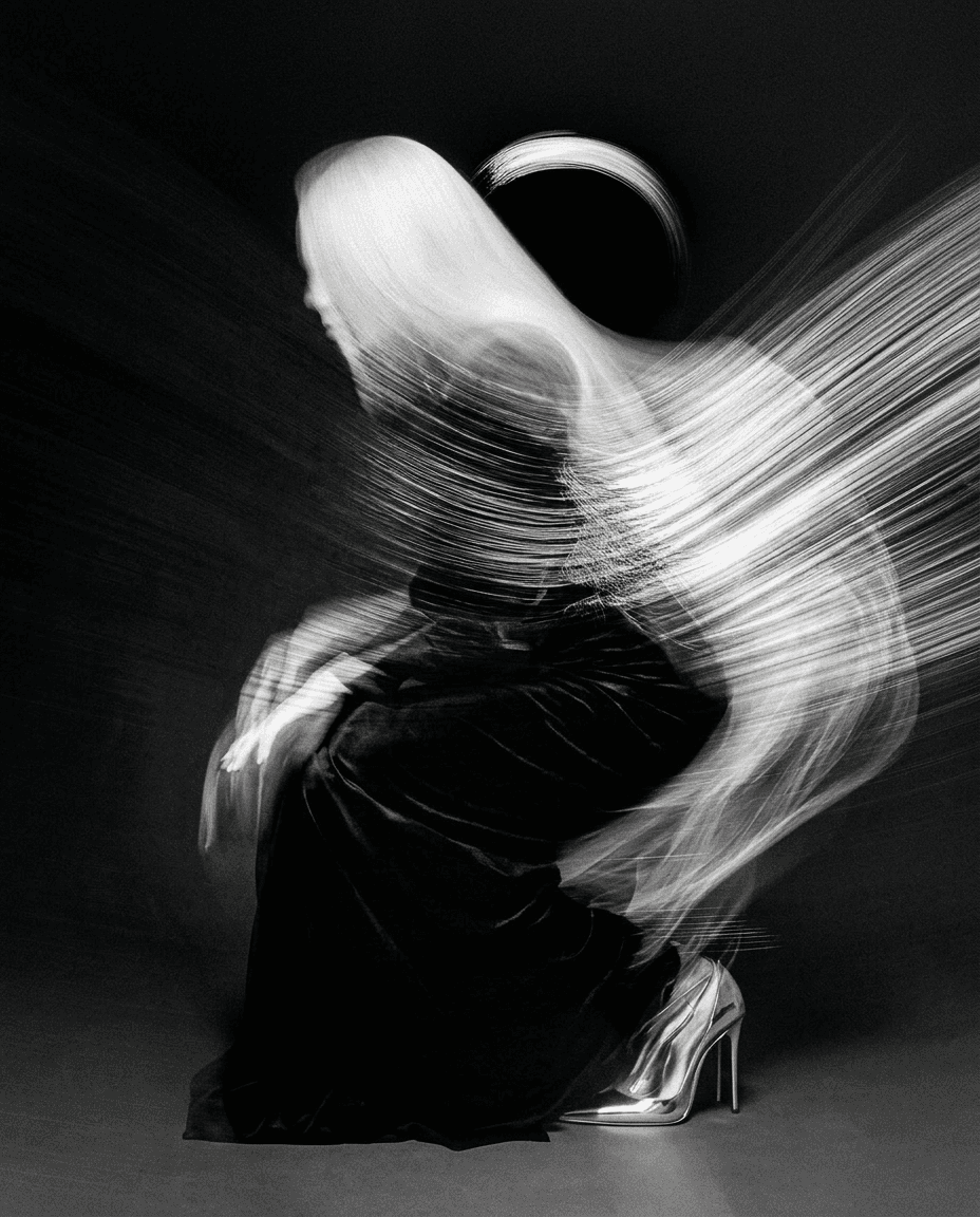 A woman in a sleek dress with long hair in motion, captured in a soft-focus black-and-white photograph.