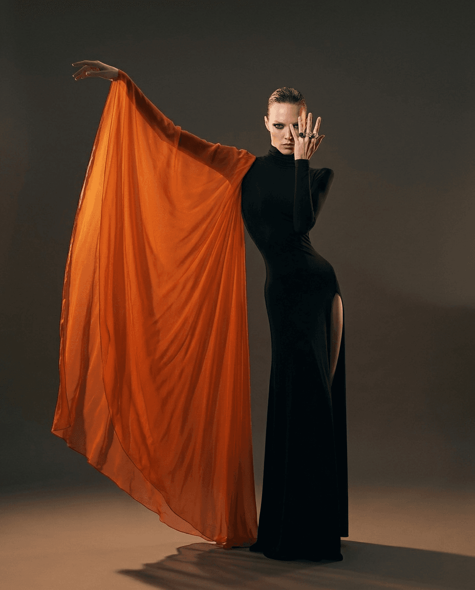 Woman in a black gown and orange cape posing dramatically against a muted background.