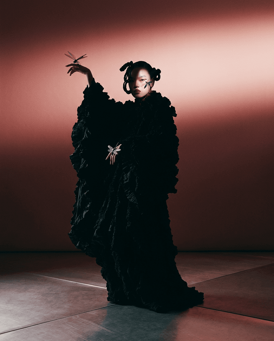 Woman in a dramatic black gown with soft lighting and a reddish background.