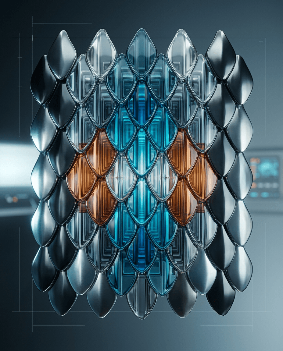 3D render of a metallic structure with interlocking scales in blue, orange, and silver.