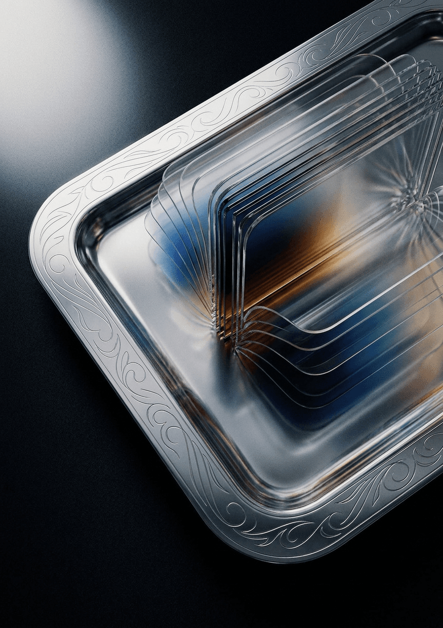 Still life of metallic trays with layered transparencies and gradients.