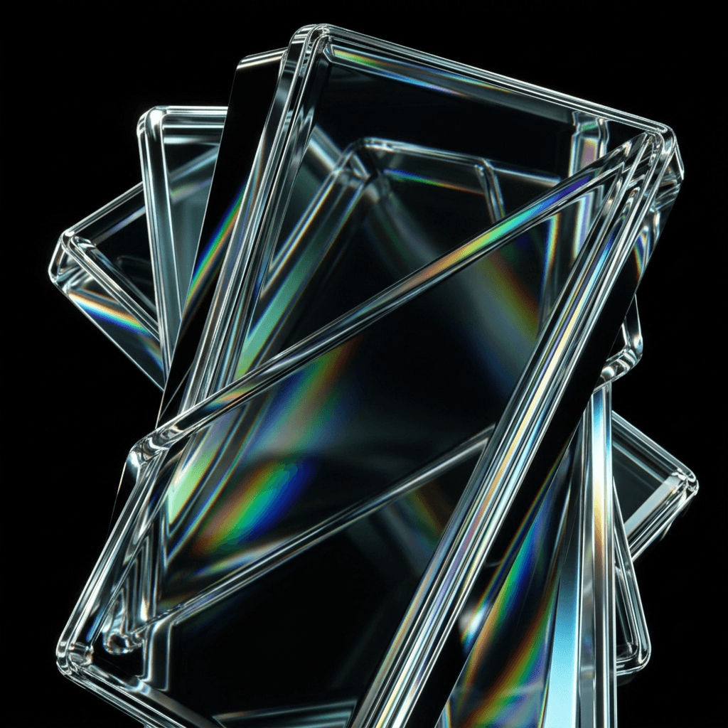 Abstract arrangement of transparent glass shapes with reflections and rainbow colours.