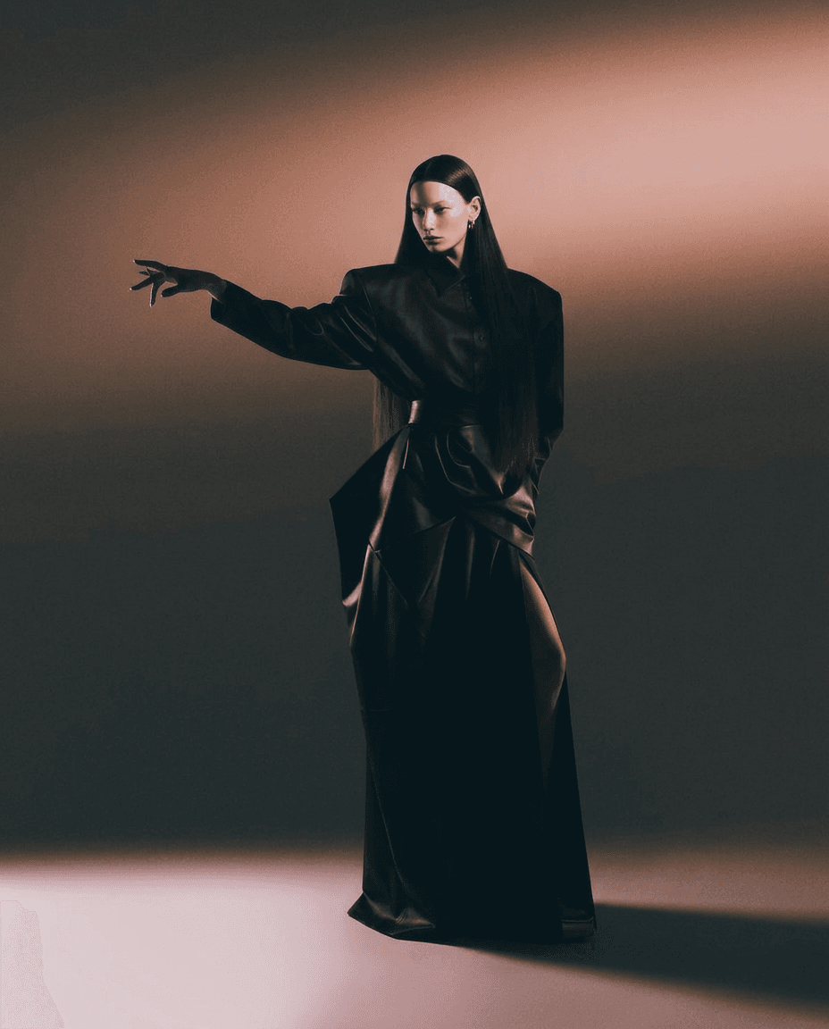 Full-figure portrait of a woman posing dramatically in soft focus.