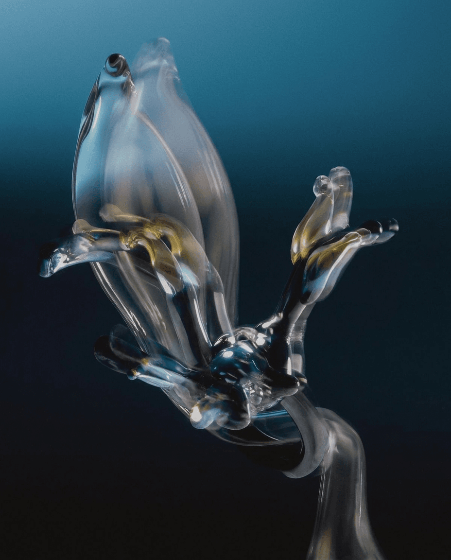 Translucent sculpture of a blooming flower with iridescent highlights.