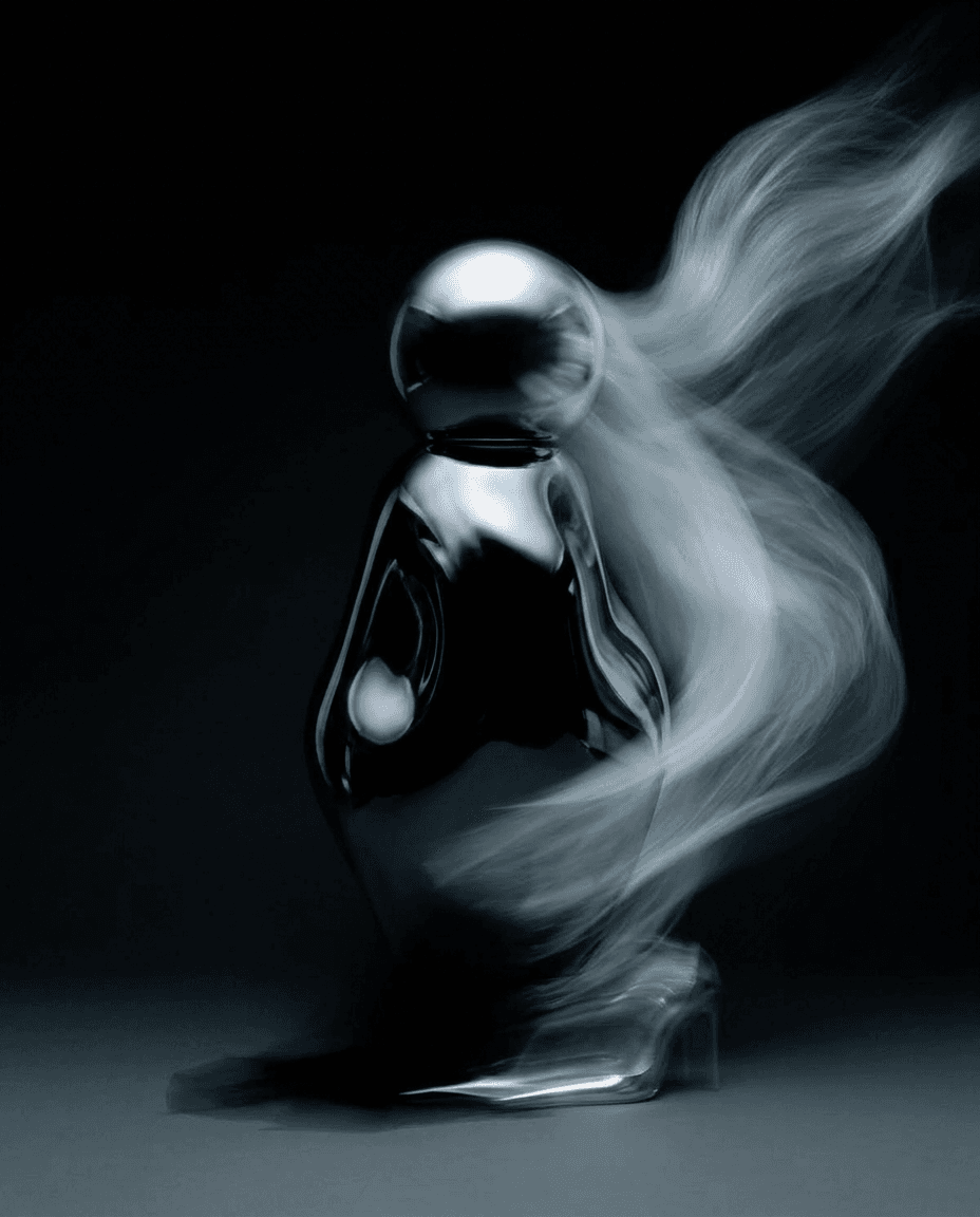 Abstract sculpture resembling a figure with fluid curves on a dark background.