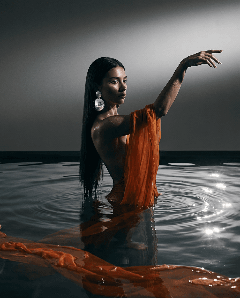 A woman partially submerged in water, wearing flowing orange fabric.