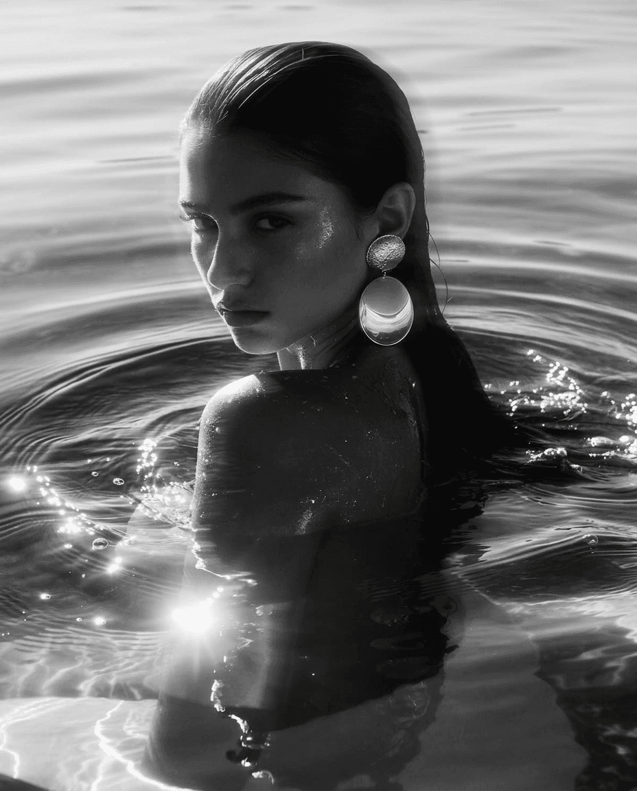 A woman with an intense expression partially submerged in black and white water.