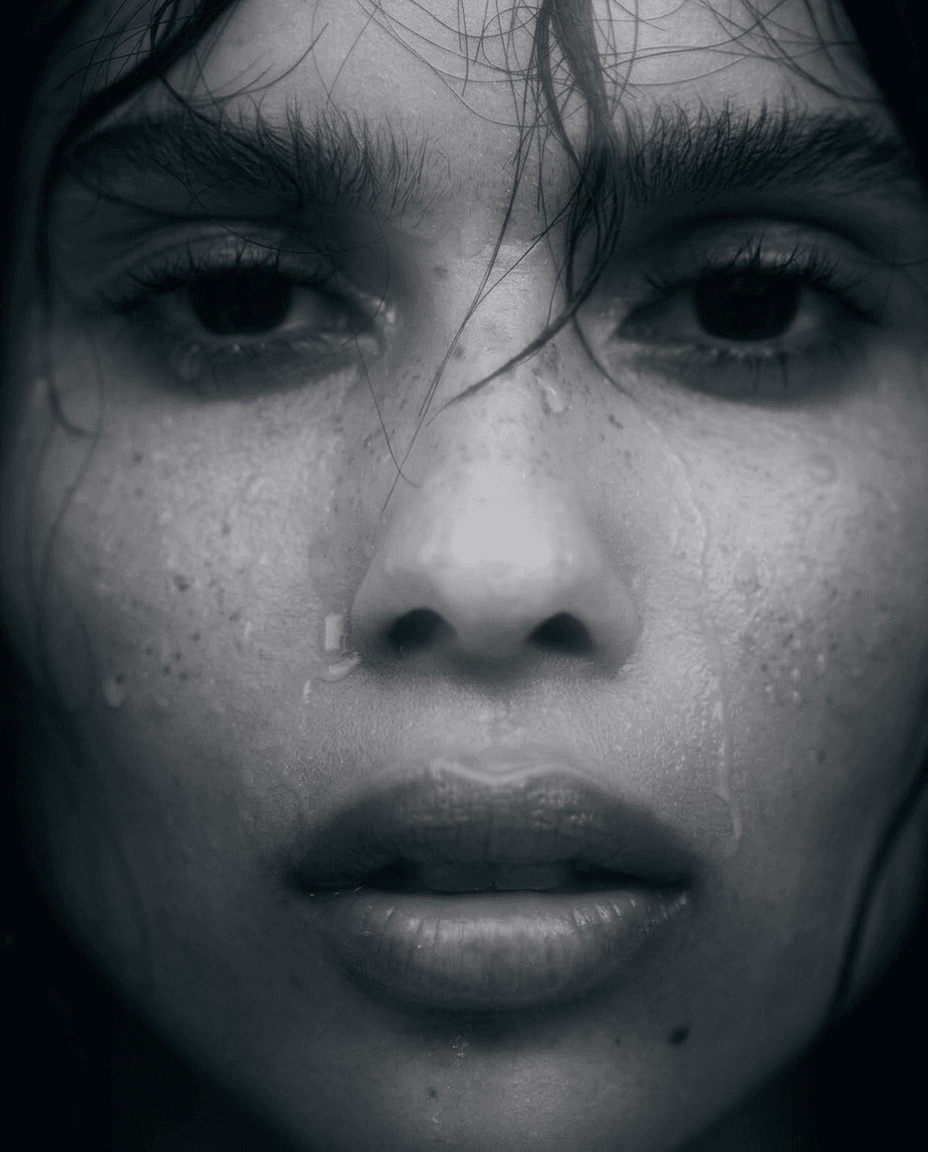 Close-up portrait of a woman with wet skin and an intense expression.