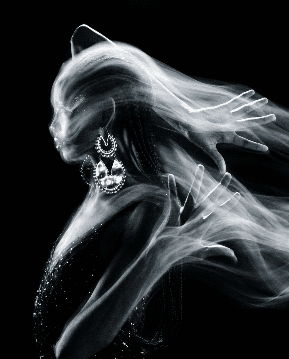 A black-and-white illustration of a woman with translucent elements around her.