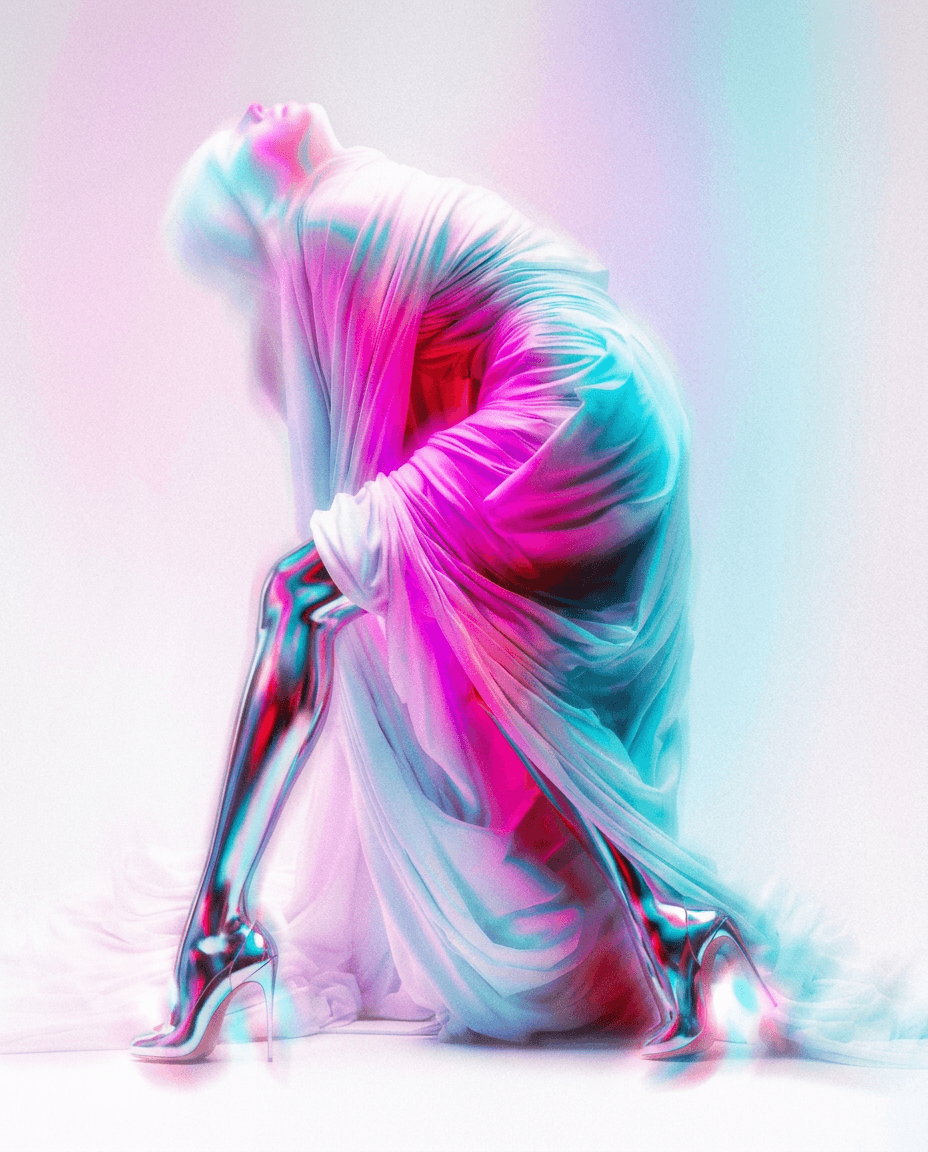 A woman poses gracefully in a flowing white garment with metallic footwear.