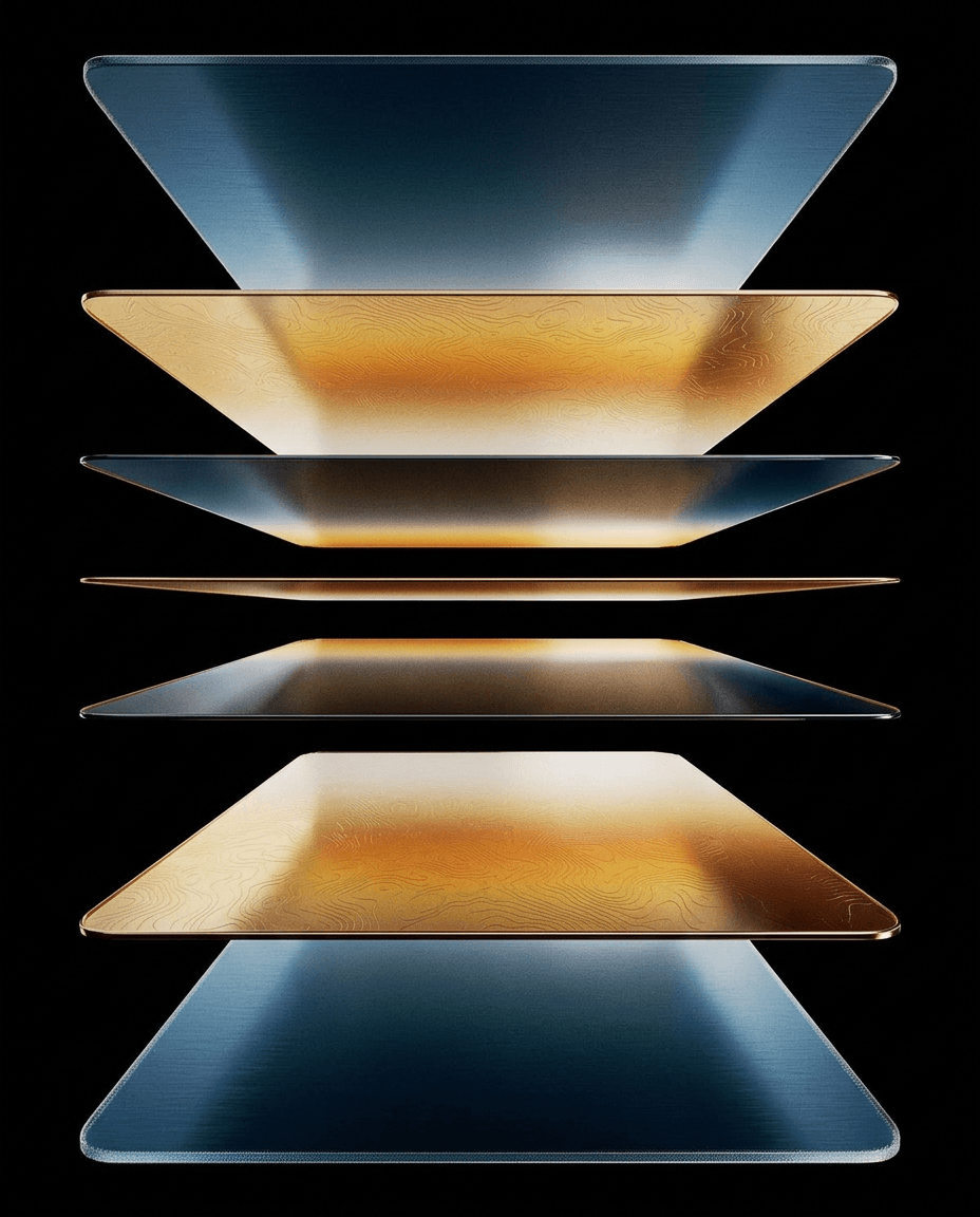 3D render of layered metallic plates in blue and gold on a black background.