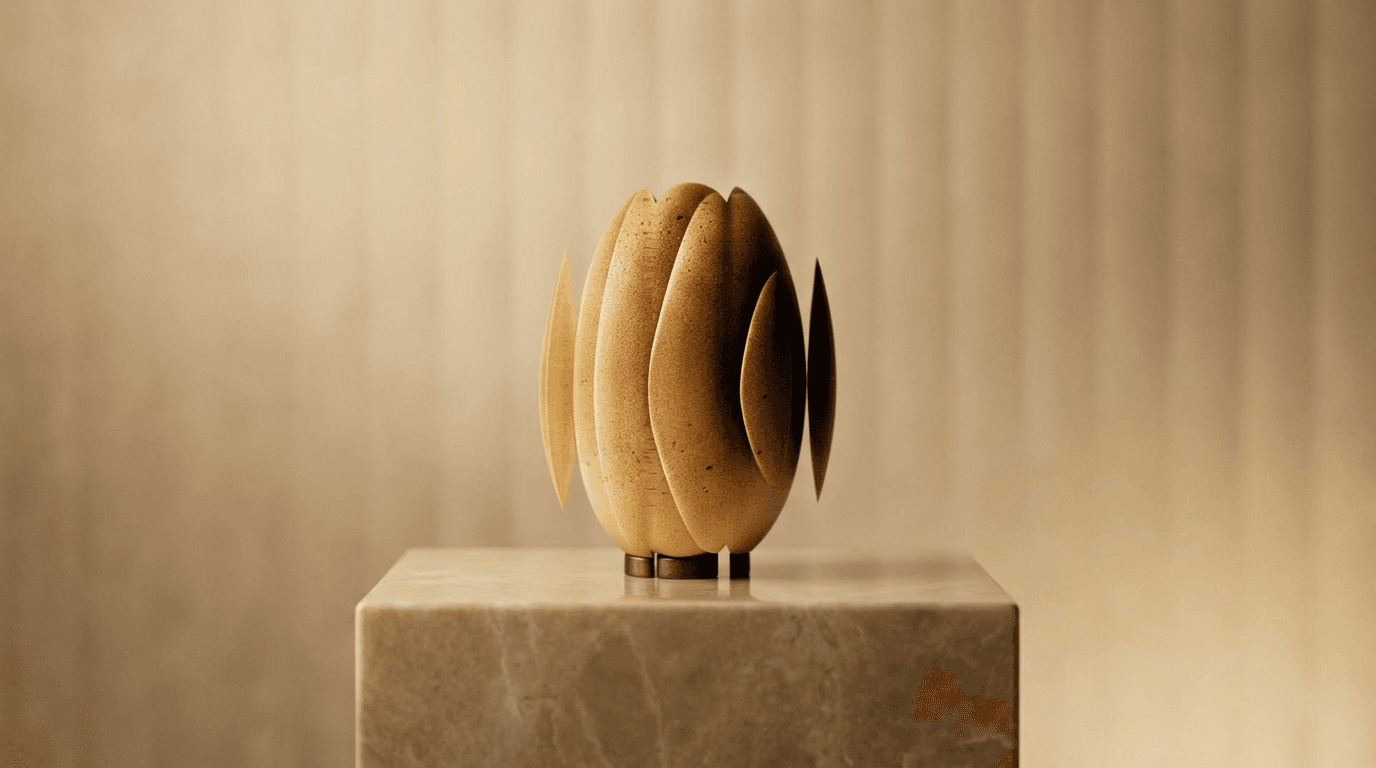 Close-up of a modern lamp resting on a marble pedestal with soft-focus background.