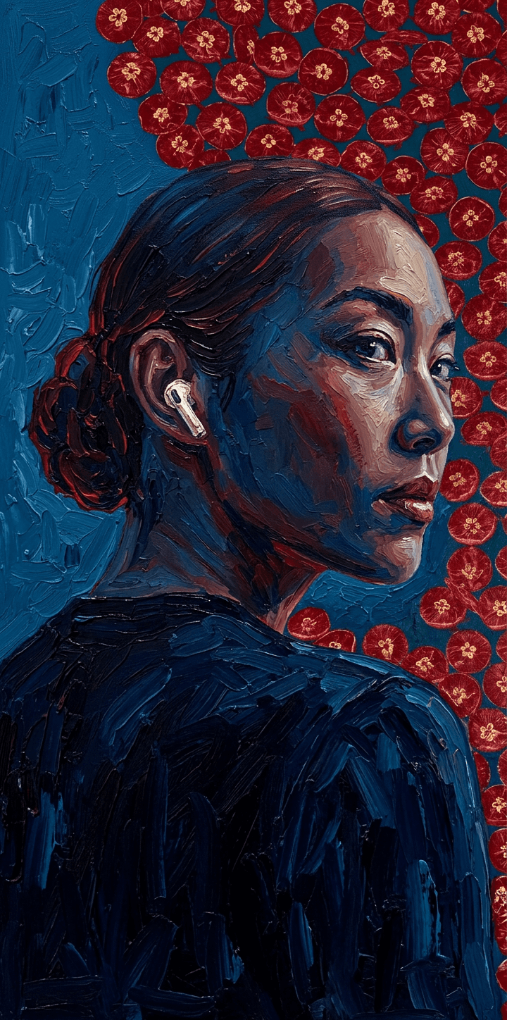Oil painting of a woman with a contemplative expression and floral patterns in the background.