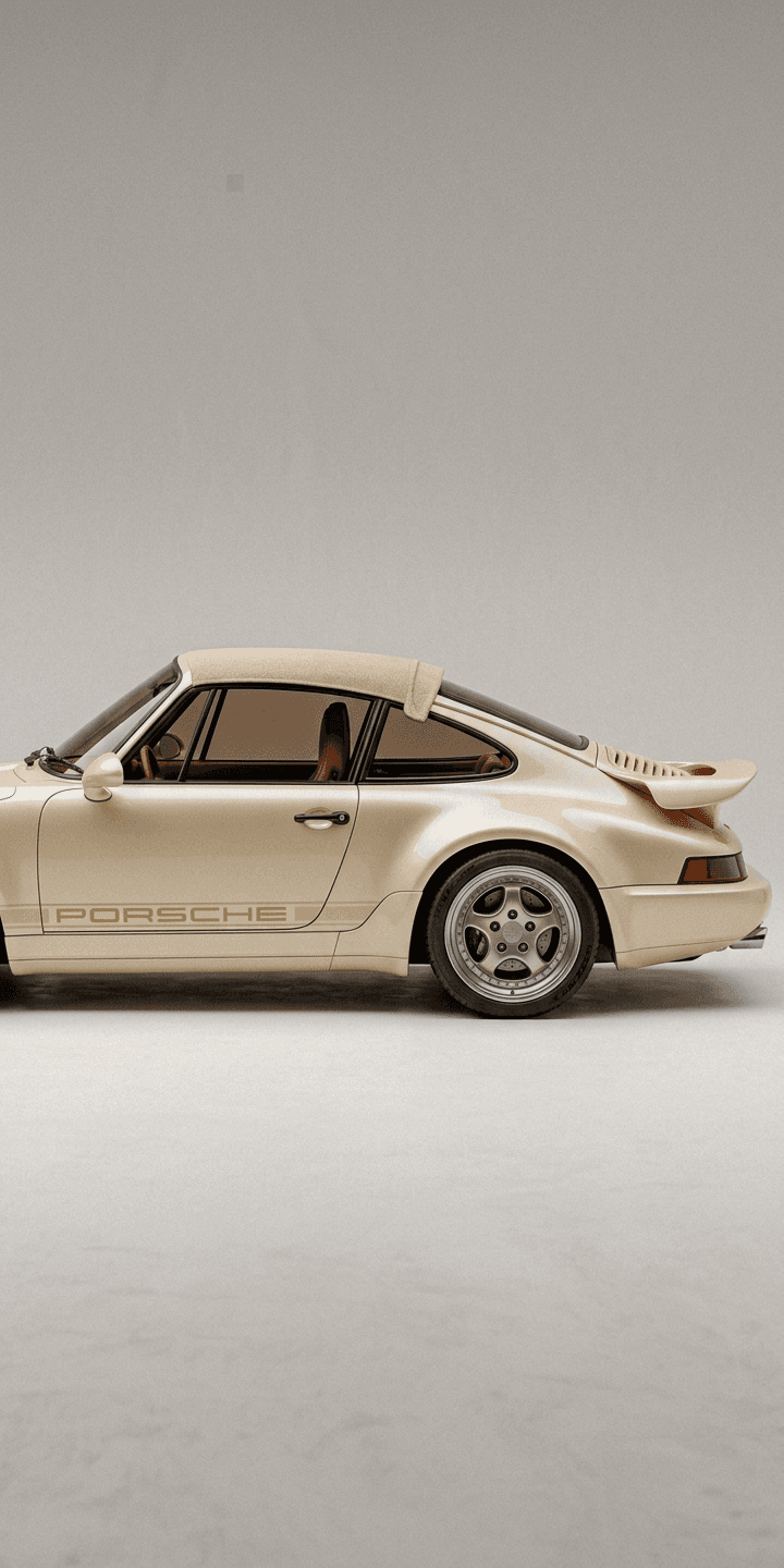 Side view of a classic Porsche car in warm beige tones.