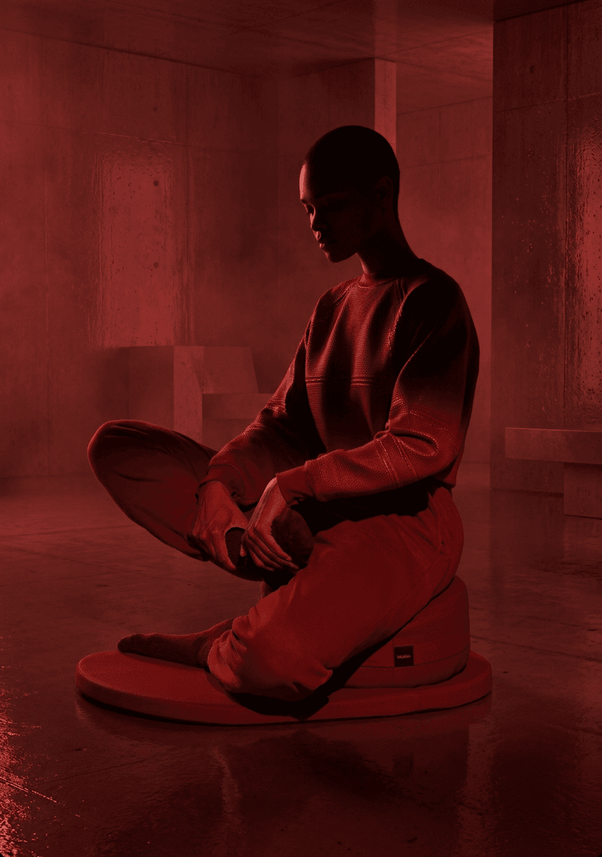 A woman in a red outfit sits in a red-lit space with concrete features.