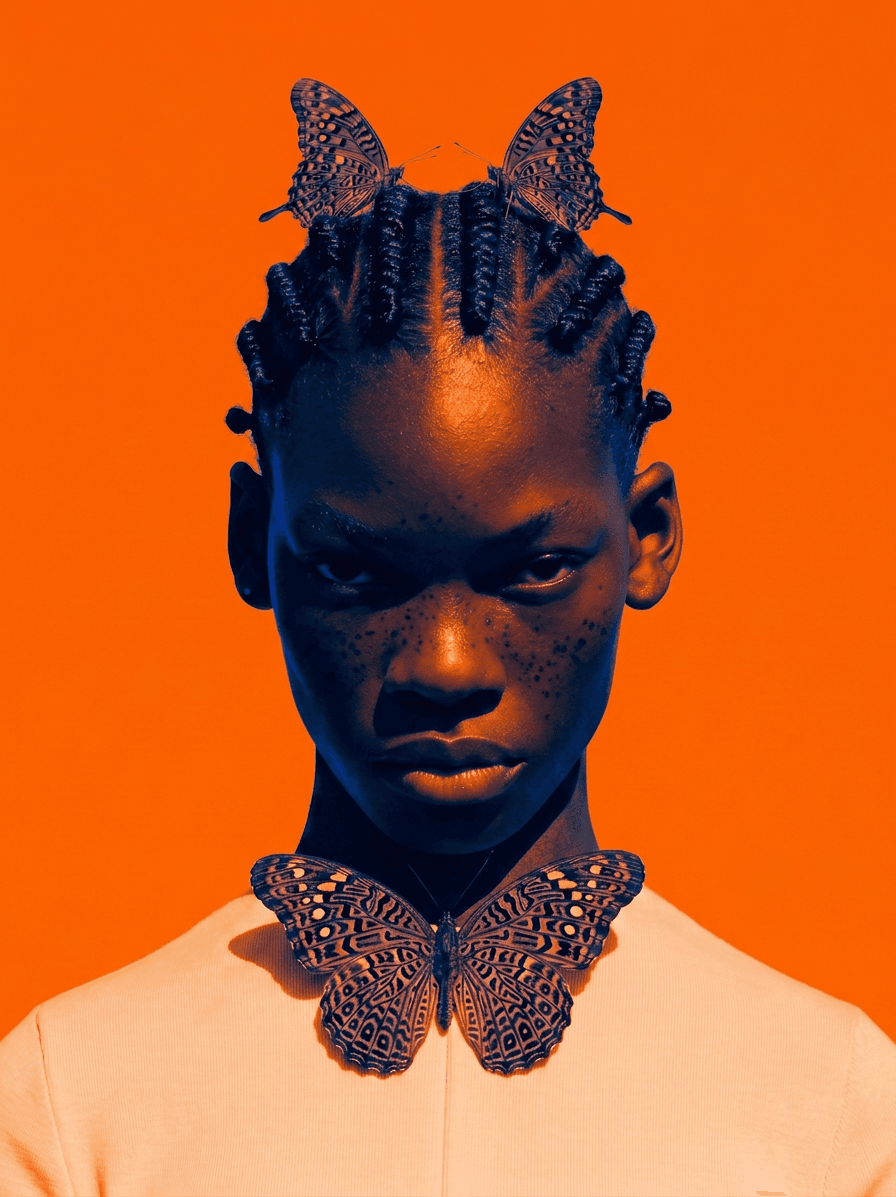 Young woman with intricate braided hair and butterflies on a bright orange background.