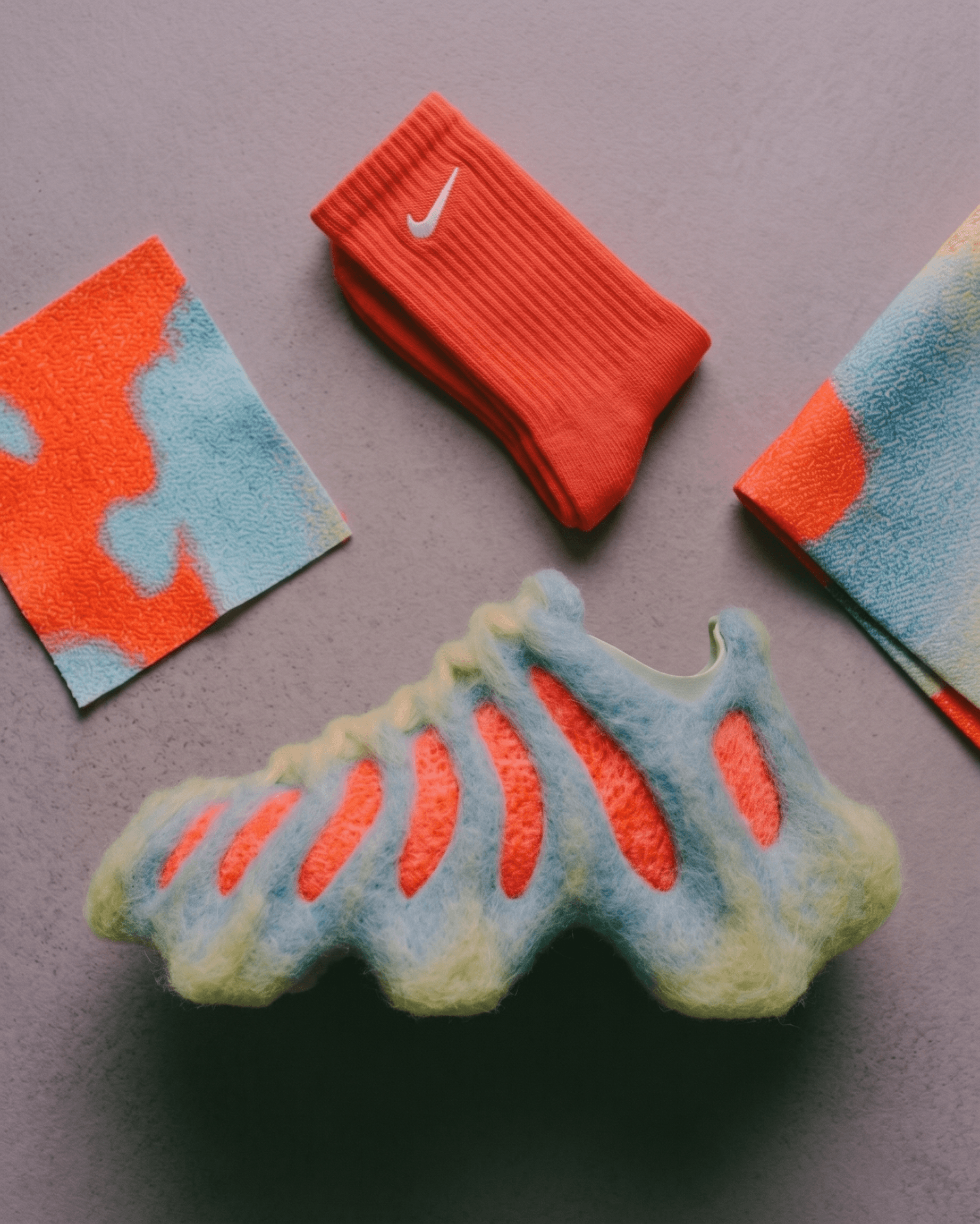 A pair of unique footwear with colourful accessories around them.