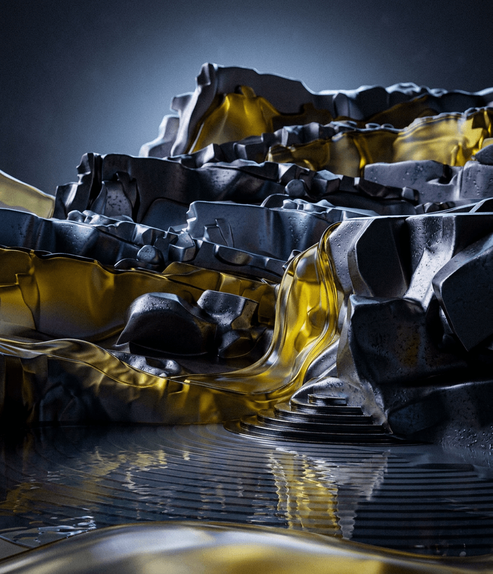 3D render of abstract mountains with glossy surfaces and golden liquid waterfalls.