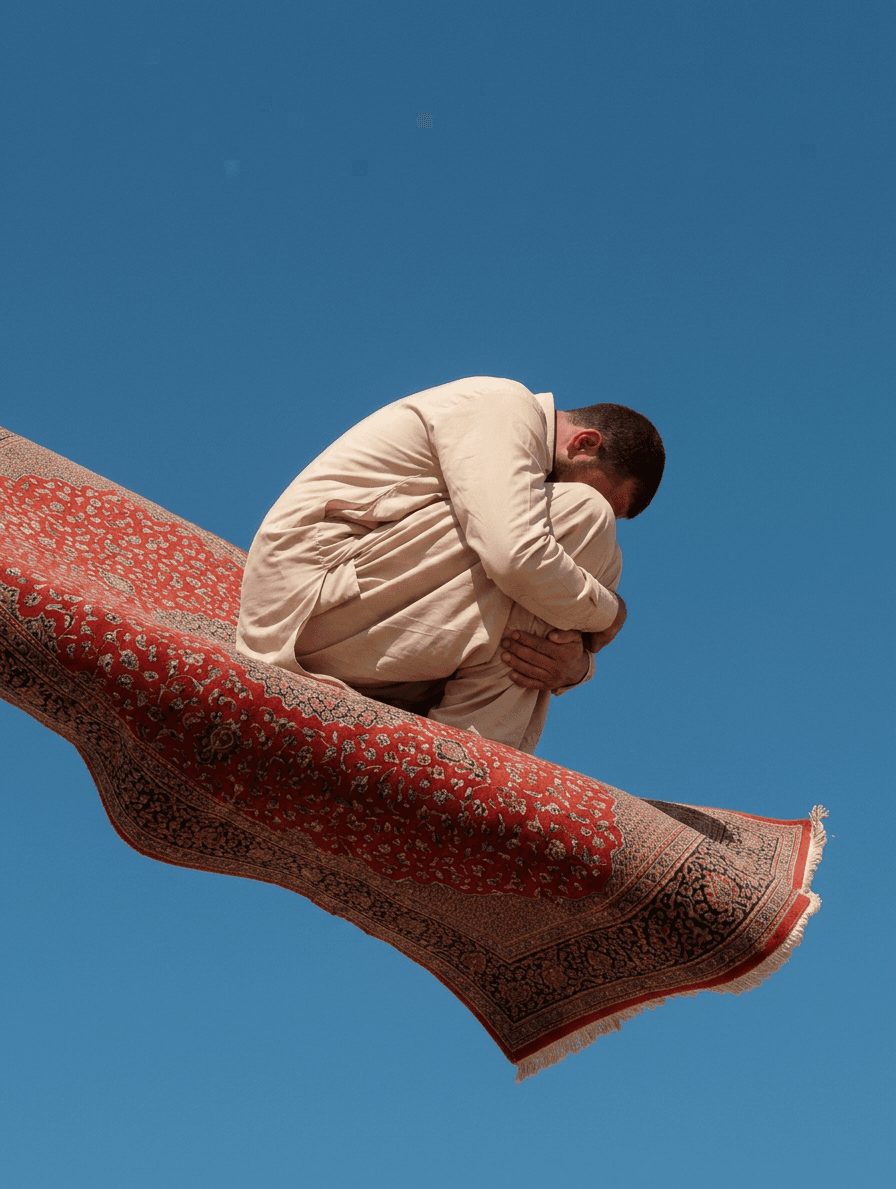 A man curled up on a flying Persian rug in a blue sky.
