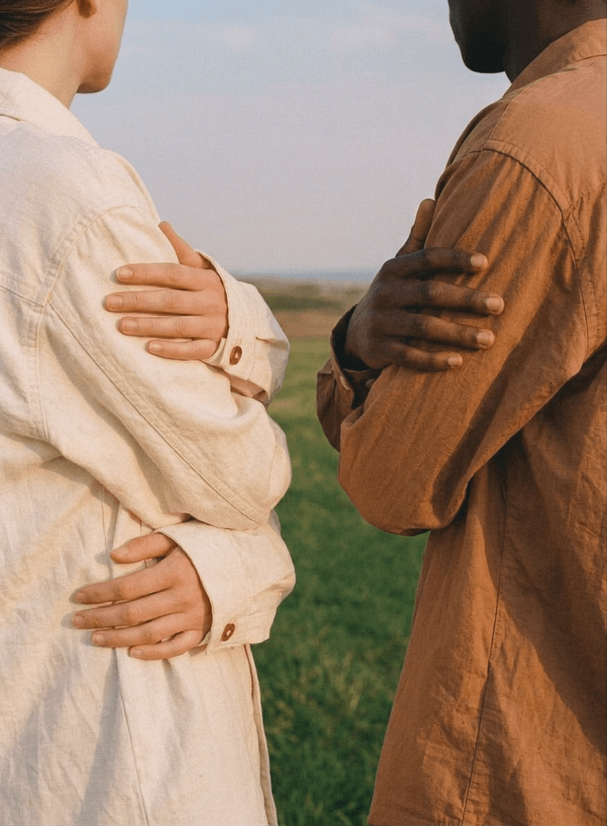 A couple stands back-to-back in a field with arms crossed, featuring soft skin tones and muted clothing.