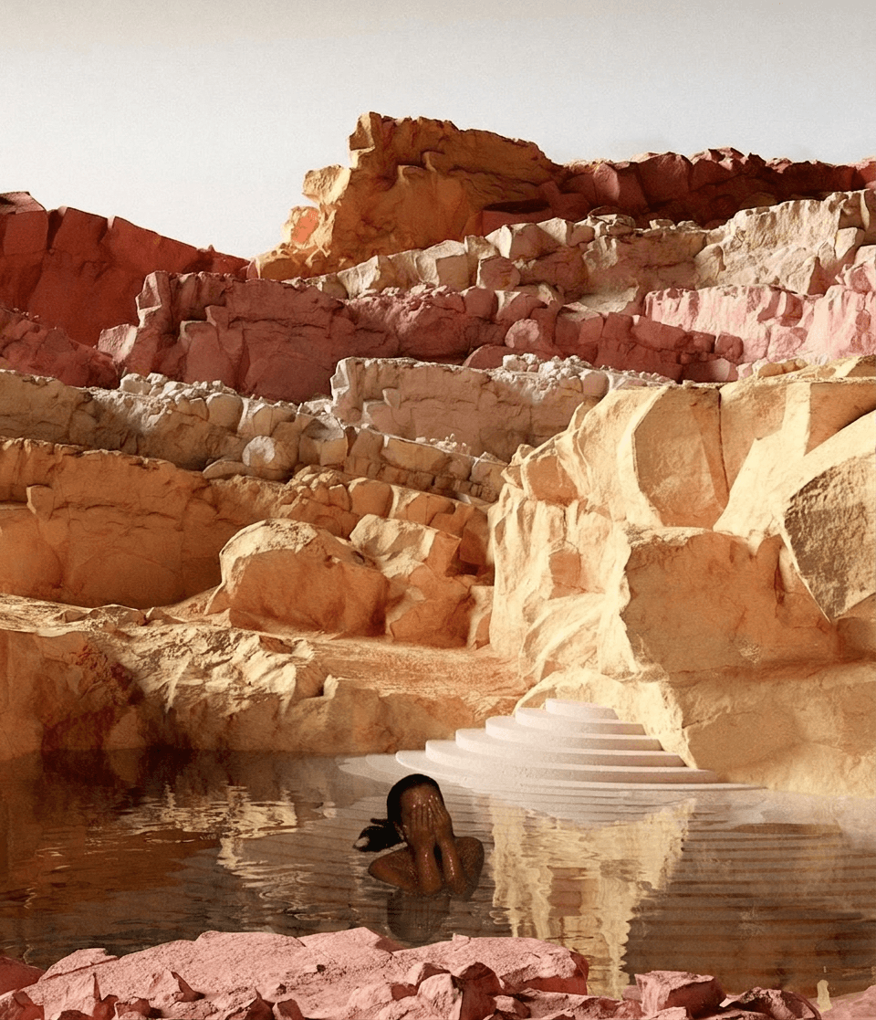 Illustration of a woman emerging from a calm pool, surrounded by colourful rocks.