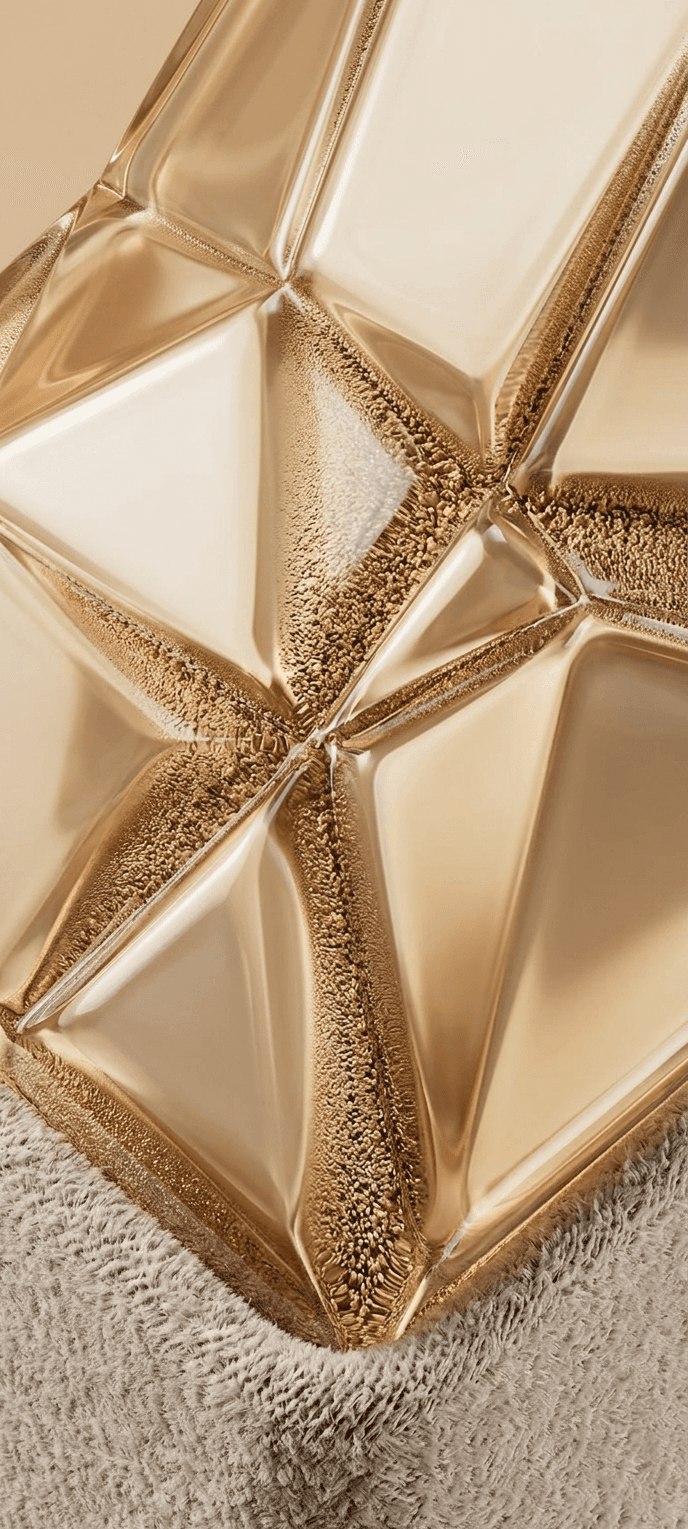 Close-up of a gold sculptural object with geometric facets on a soft textured surface.