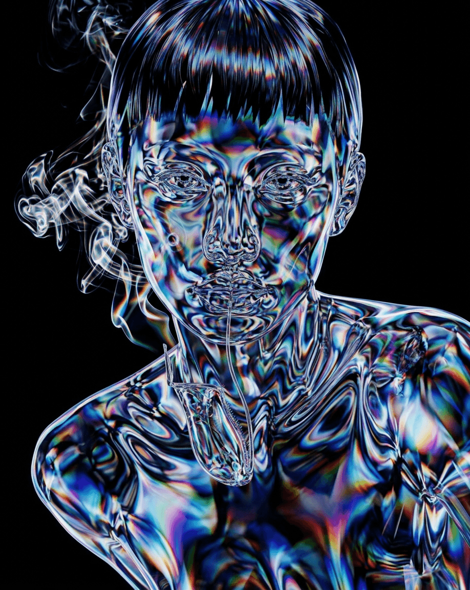 A surreal digital illustration of a distorted, transparent human figure in colourful, swirling patterns.