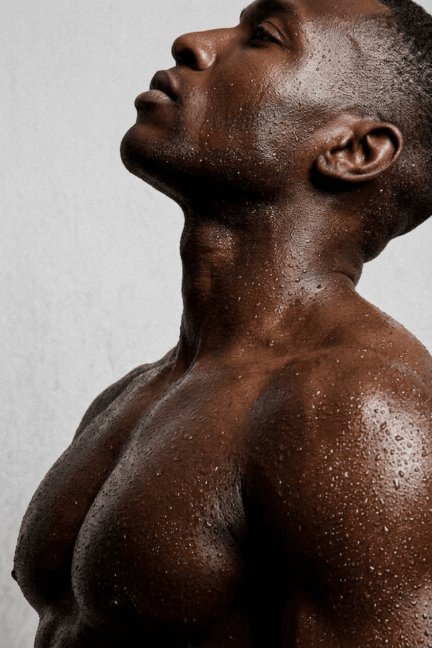 Close-up portrait of a man with glistening skin and strong profile in moody lighting.