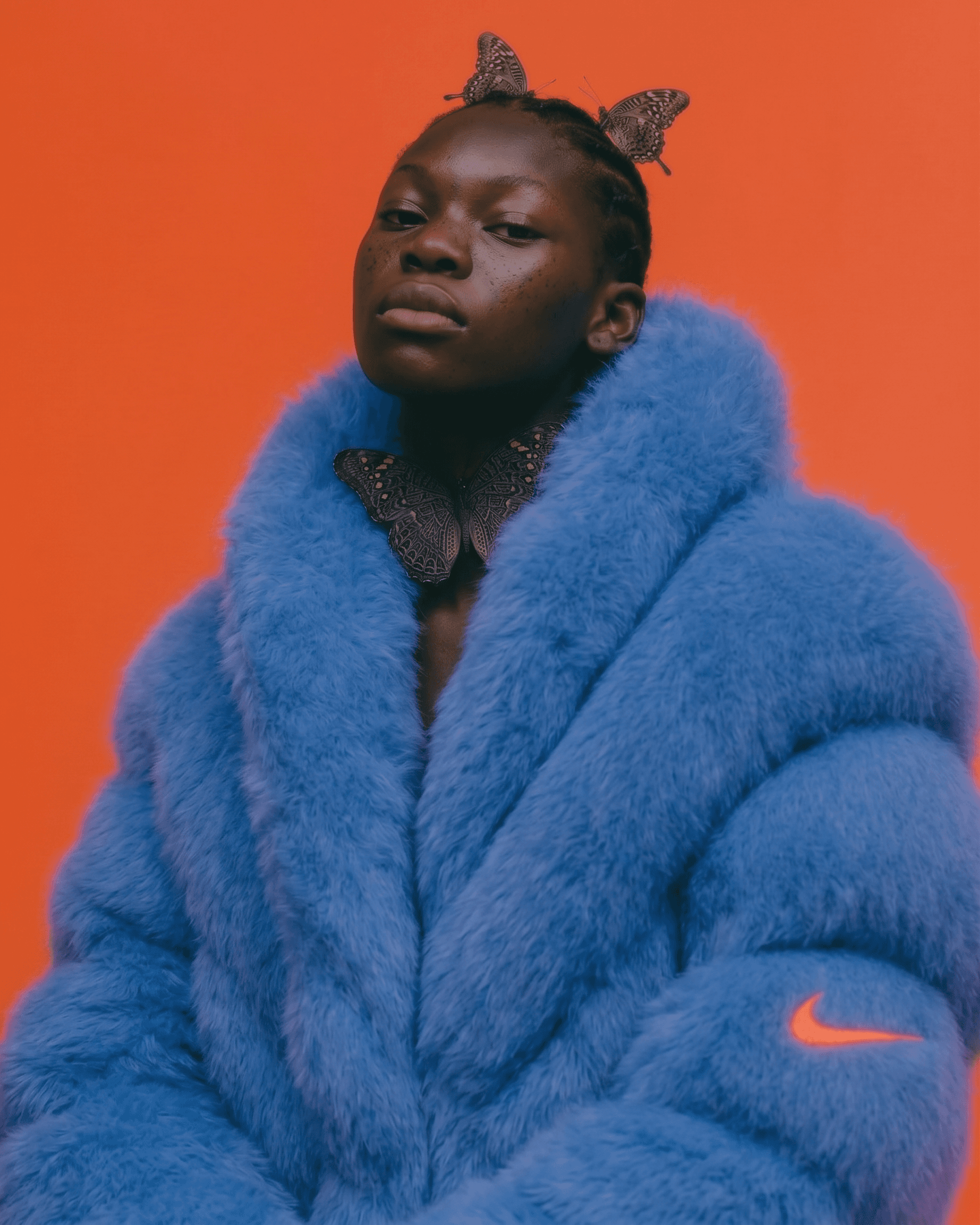 Portrait of a woman in a fluffy blue coat with butterfly accents on an orange background.