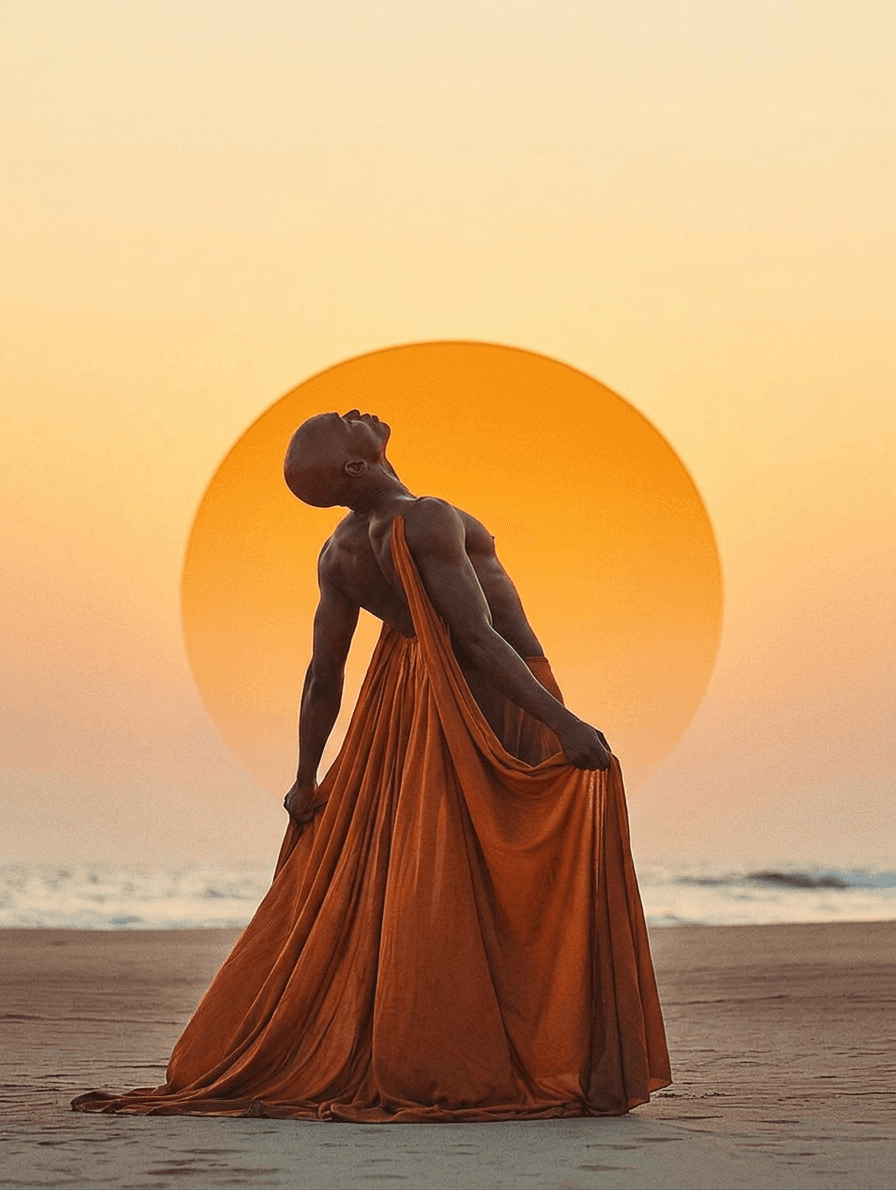 Silhouette of a muscular man in an orange garment against a vibrant sunset.
