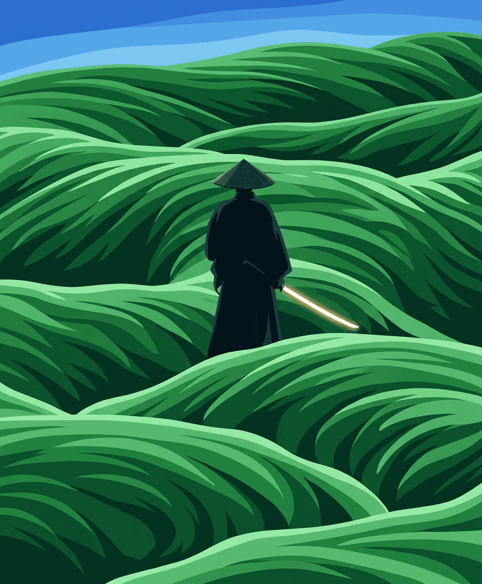 Illustration of a lone figure with a sword in a green field.