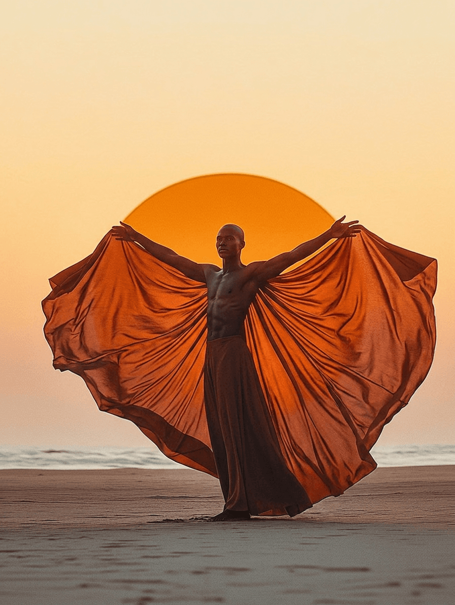 Man in flowing orange fabric posed dramatically against a sunset.