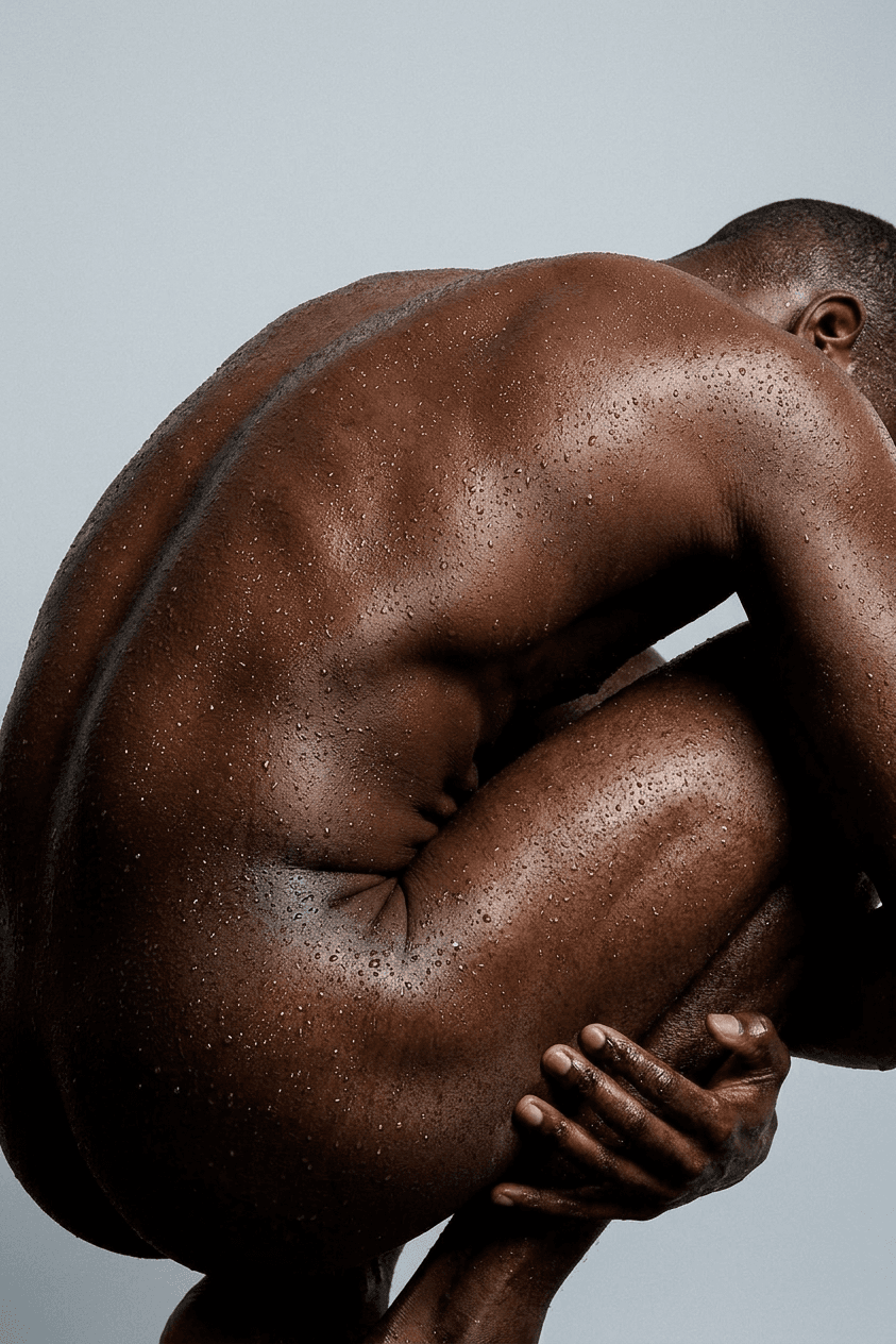 Close-up of a man's muscular back with water beads on the skin.