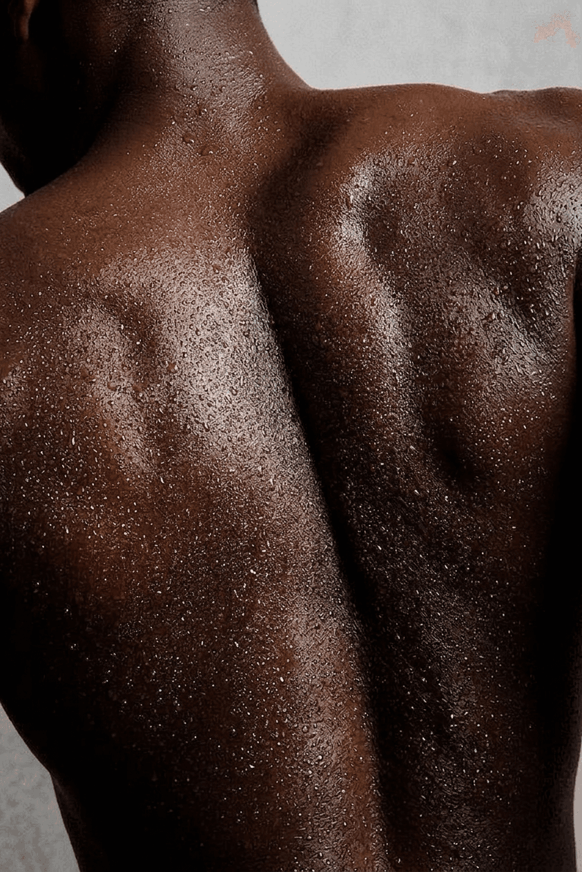 Close-up of a bare back with water droplets and textured skin.