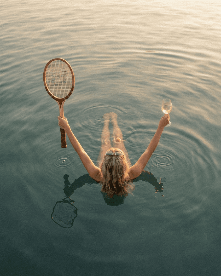 A woman floating in water, holding a tennis racket and a glass of wine during sunset.