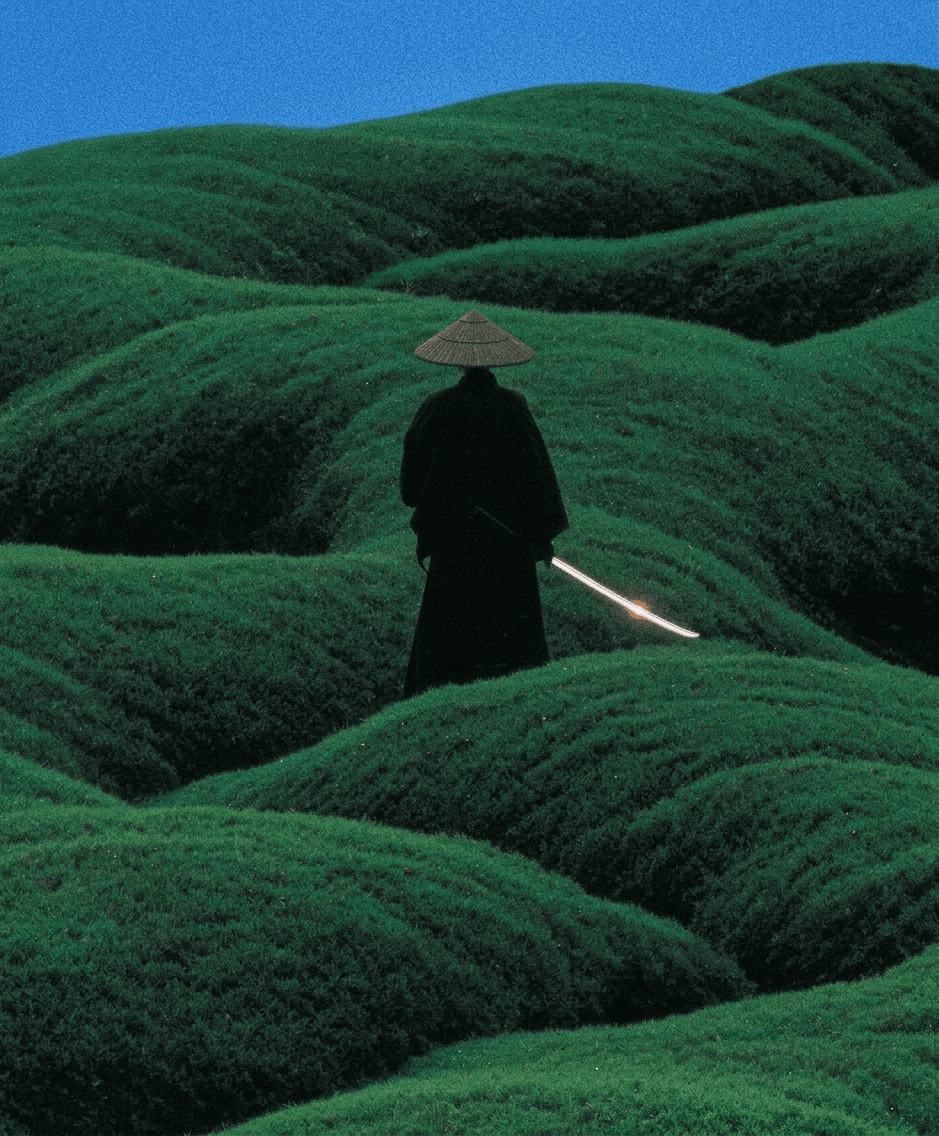 A figure in a robe and hat stands in green hills, holding a sword.