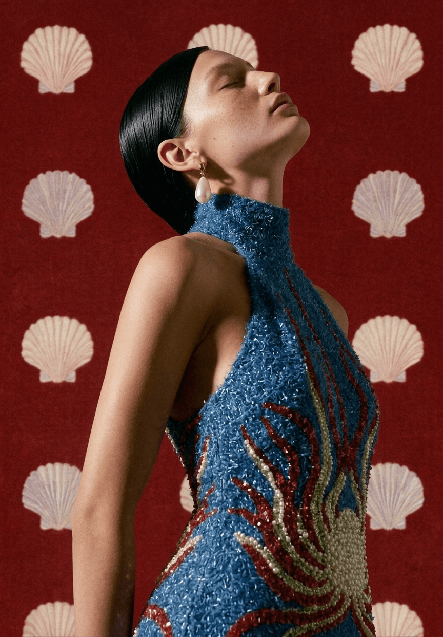 A woman in a blue dress with embroidery stands against a red background with shell motifs.