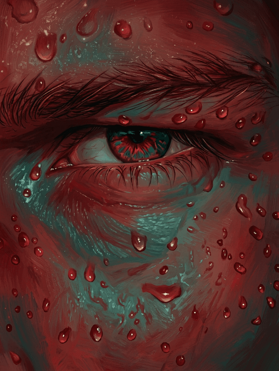 Close-up illustration of an eye with vivid droplets in reds and greens.