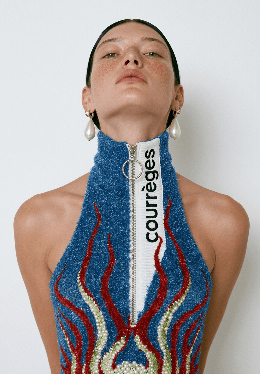 Woman in a blue garment with flame embroidery and pearl earrings, set against a simple background.