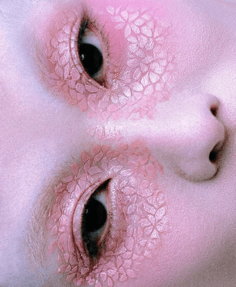 Close-up of a woman's face with floral patterns on eyelids and soft pink hues.