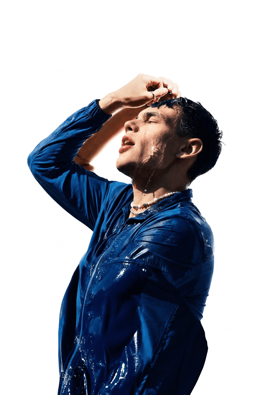 A man in a dynamic pose, drenched in water, against a white background.