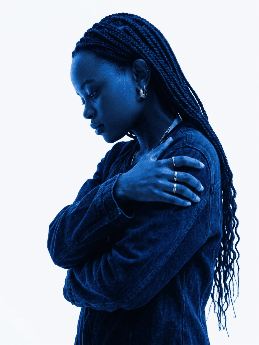 Profile shot of a woman with braided hair in soft blue light.