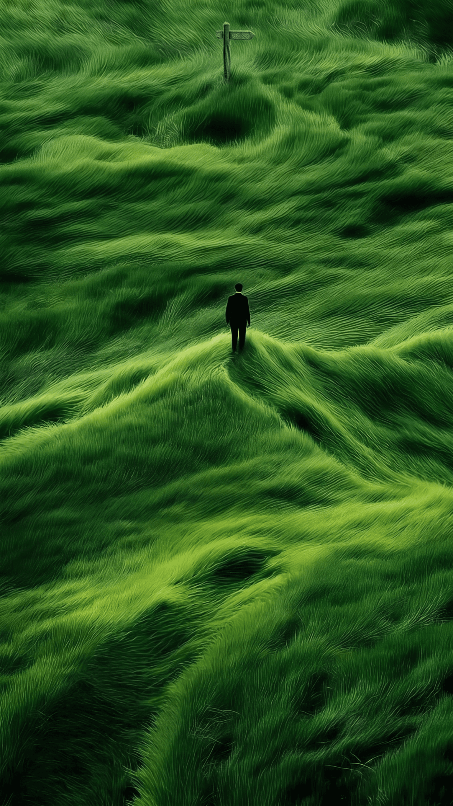 A figure in a dark suit stands on green hills under a surreal sky.