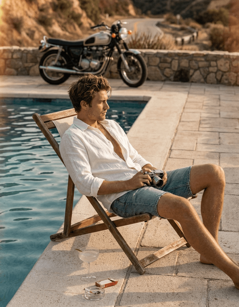 A man in a white shirt and denim shorts sits by a pool holding a camera, with a motorcycle behind him.