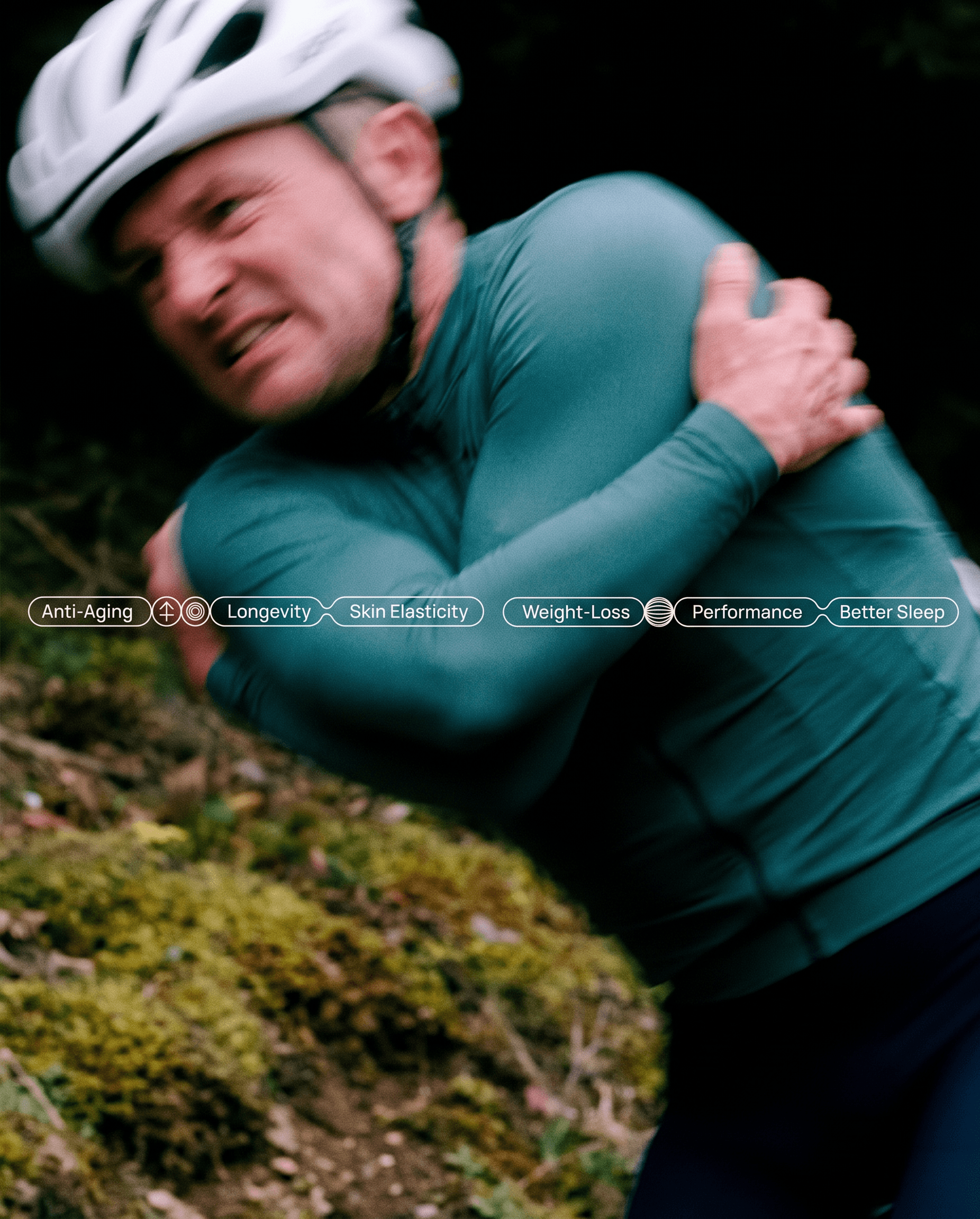 Man in athletic clothing cycling, looking uncomfortable, with earthy green and blue background.