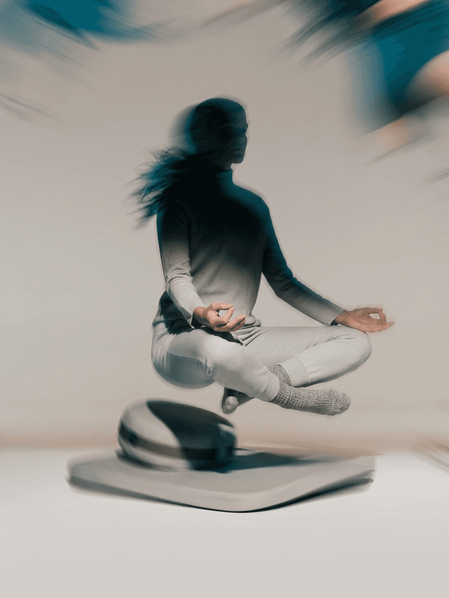 A woman in a meditative pose levitating above a smooth surface with blurred edges.