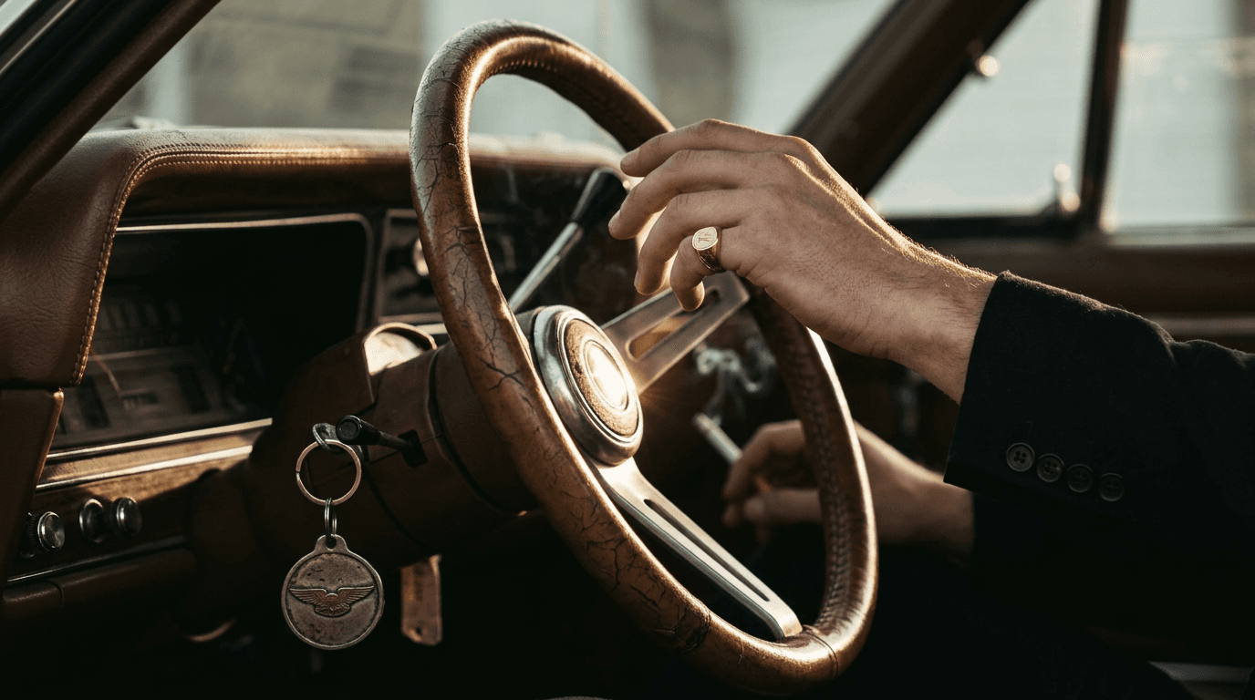 Close-up of a man's hand on a vintage car steering wheel in warm light.