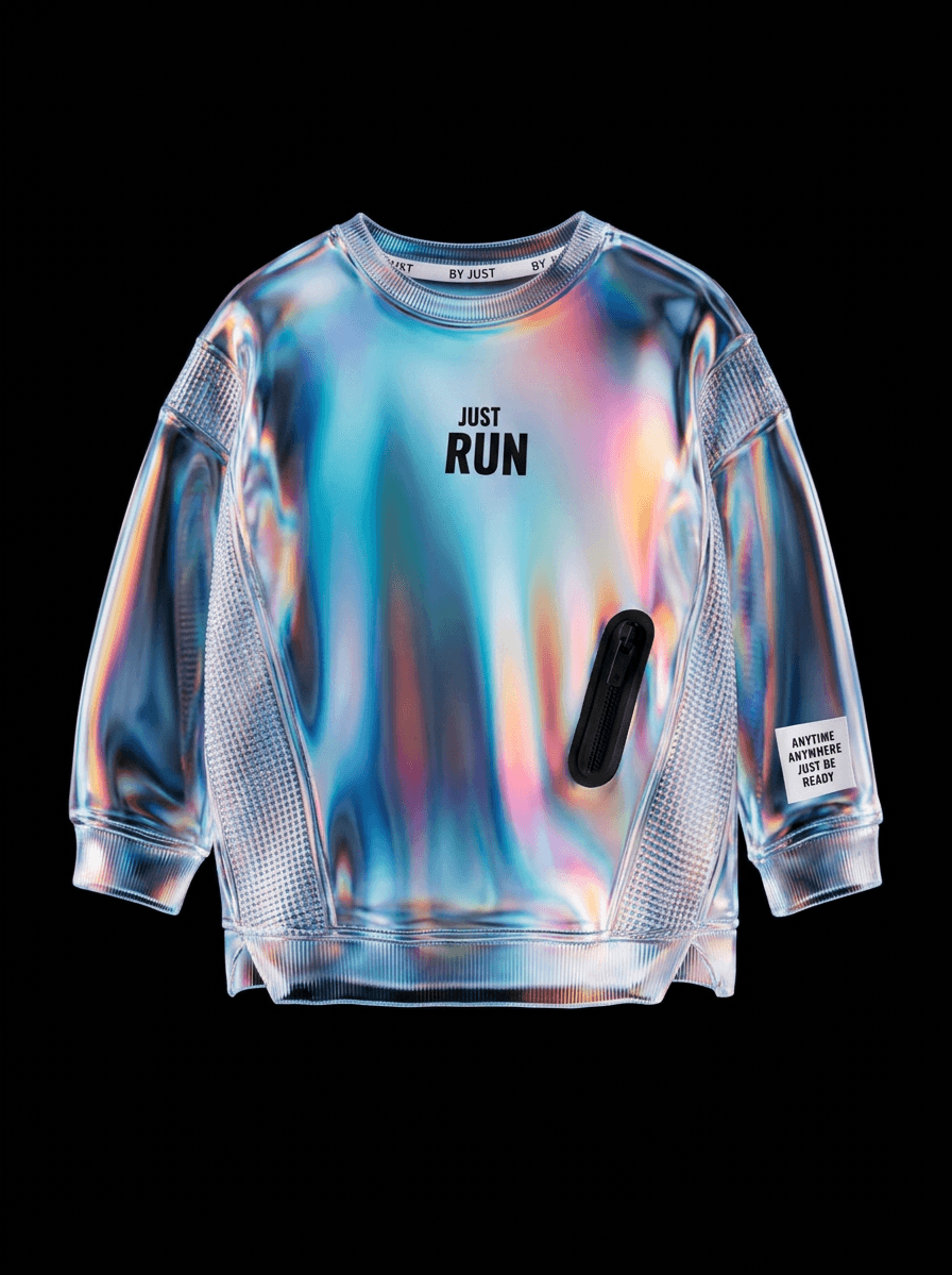 Iridescent garment in blue, purple, and silver on a dark background.