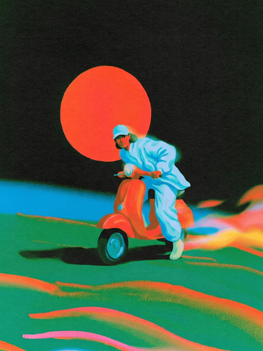Digital illustration of a person on a scooter with a large red sun in the background.
